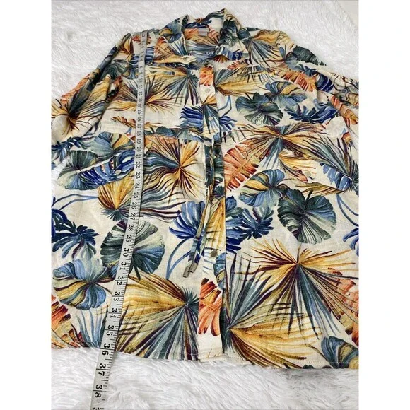 Chico’s Dress Hawaiian Floral Size 3 16/18 Linen Snap Up Pocket Drawstring Slits - Picture 10 of 16
